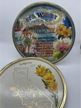 Vintage Hawaii Souvenir Aloha Hula Girl Tin Metal Tray Tiki Bar + California